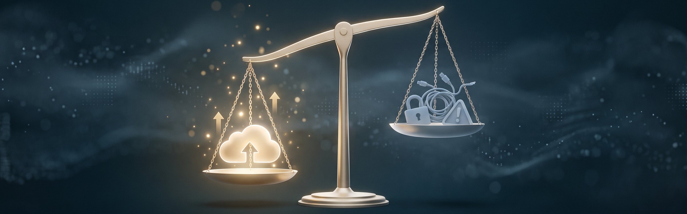 Balance scale weighing the benefits and risks of cloud computing