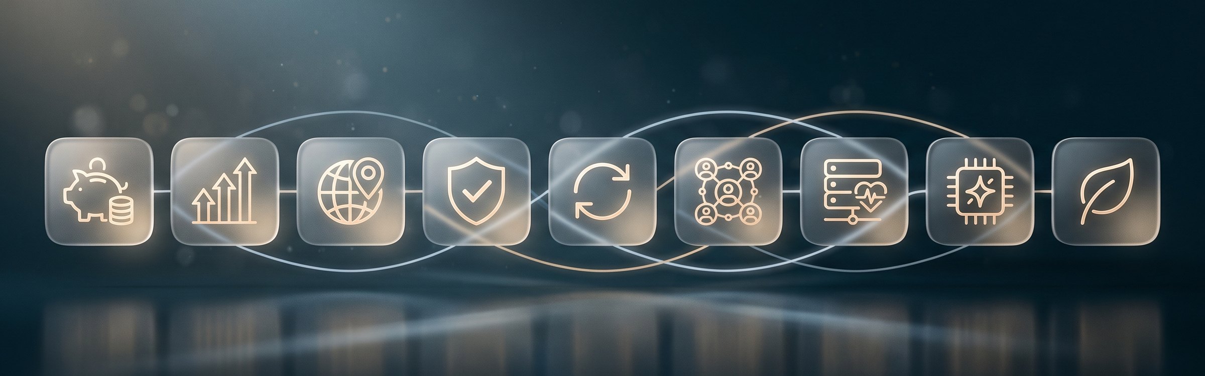 Row of glowing icons representing the key benefits of cloud computing